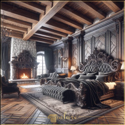 Dormitor rustic Magnifice atemporal decorat cu grinzi din lemn poliuretan Acest dormitor afișează măreția atemporală a stilului rustic clasic, cu căldura grinzilor din lemn de poliuretan și tușele elegante ale produs