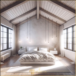 Un dormitor luminos și liniștit, cu grinzi de lemn din poliuretan rustic minimalist Acest dormitor reflectă frumusețea simplă și funcționalitatea stilului rustic minimalist în perfectă armonie cu grinzile din lemn din poliureta
