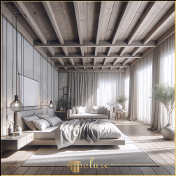 Dansul luminii naturale cu design de dormitor rustic modern din lemn Acest dormitor pictează un portret liniștit al designului rustic modern, folosind durabilitatea grinzilor din lemn natural și a poliuretanului. Fie