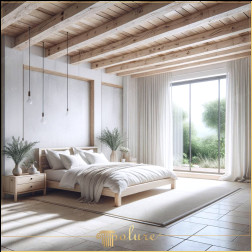 Peace Meets Architecture Dormitor rustic luminos cu grinzi din lemn poliuretan Acest dormitor oferă armonia perfectă a păcii și liniștii cu grinzile din lemn din poliuretan și abundența de lumină naturală o senzație de 