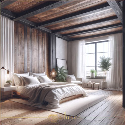 Dormitor rustic proiectat cu grinzi din lemn poliuretan elegant și natural Acest dormitor combină căldura grinzilor din lemn de poliuretan și textura rustică a lemnului natural cu o notă modernă. Tavanul înalt impresio