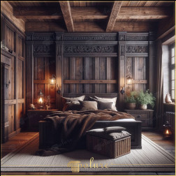 Un loc care spune povești din trecut Grinzi rustice din lemn și decor antic Acest dormitor prezintă un design rustic atemporal, îmbogățit cu grinzi din lemn de culoare închisă și elemente decorative de epocă Panourile 