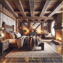 Un dormitor rustic și călduros, îmbogățit cu grinzi din poliuretan Acest dormitor rustic îmbină farmecul lumii vechi cu elemente de design modern pentru a crea o casă confortabilă Meșteșugul și adaugă caracter