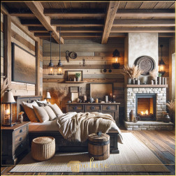 O pauză rustică în căldura unui dormitor din lemn natural cu grinzi din poliuretan Acest dormitor oferă o evadare rurală perfectă cu textura rustică a grinzilor din lemn de poliuretan și căldura unui șemineu din piatră natura