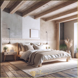 Dormitor cu grinzi din lemn de poliuretan Pace cu atingeri naturale Acest dormitor combină frumusețea naturală și aspectul rustic al grinzilor din lemn din poliuretan cu estetica simplă a designului modern, pereț