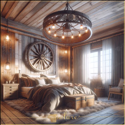 Decorat dormitor imbogatita cu grinzi din lemn de vis rustic Camera din imagine prezintă o interpretare elegantă și primitoare a designului rustic. Grinzile grele din lemn și pereții din lemn bogat textura�