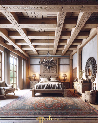 Înfășurați-vă casa cu o îmbrățișare caldă decor clasic de dormitor rustic, cu grinzi și căpriori din poliuretan Astăzi, pentru cei care caută căldură și autenticitate în decorarea casei, stilul clasic rustic este un stil preferat, mai ales în dormitoare Dormitorul din imagine oferă un bun exemplu despre cum se poate crea o atmosferă rustică bogată și primitoare prin folosirea grinzii din poliuretan. și modele de căpriori. Elemente ale stilului rustic clasic Stilul rustic este, în esență, o combinație de materii prime naturale. Include utilizarea grinzilor din lemn, a căpriorii și a mobilierului , așa cum se vede în imagine, adaugă profunzime și caracter spațiului și conferă dormitorului o atmosferă autentică În timp ce aceste materiale reflectă estetica lemnului real, ele aduc și avantaje moderne precum ușurința de asamblare și durabilitatea Sfaturi de design și accesoriile antice în tonuri închise împreună cu grinzile și căpriorii din poliuretan pot fi folosite pentru a crea o atmosferă caldă în dormitor Un pat mare și confortabil în centrul camerei atrage atenția ca simbol al confortului și oglinzilor sculptate manual detaliile din jurul patului au o textură istorică bogată Detalii de decor: draperiile grele și un covor mare cu modele utilizate în cameră completează stilul rustic și sporesc căldura și confortul general al spațiului elementele clasice ale camerei, în timp ce tablourile agățate pe pereții laterali și cuferele de pe podea servesc nu numai ca spațiu de depozitare, ci și ca elemente decorative