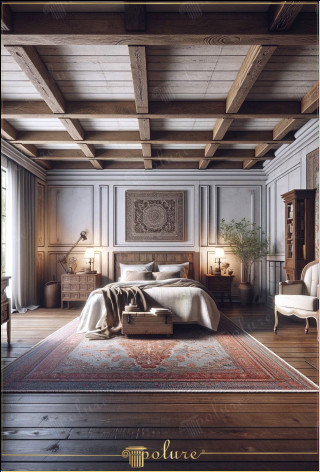 Decorație rustică pentru dormitor, îmbogățită cu grinzi din poliuretan de eleganță atemporală Combinând căldura și naturalețea stilului rustic cu tehnologia modernă poate transforma un dormitor ca cel din imagine. Acest design, pe care l-am creat folosind grinzi de poliuretan și căpriori din bușteni, este un exemplu de interpretare rustică atemporală și elegantă Stil În timp ce materialul poliuretanic reflectă aspectul și textura lemnului real, are avantaje în chestiuni precum greutatea și întreținerea În acest dormitor, grinzile din poliuretan de-a lungul tavanului nu numai că adaugă bogăție vizuală, ci și întăresc tema generală rustică a încăperii. Contururile designului O paletă de culori de nuanțe naturale a fost folosită în designul camerei. Panourile și lucrările de artă de pe pereți susțin tema rustică Meșteșuguri Un covor mare și colorat așezat în centrul dormitorului crește căldura spațiului și este în perfectă armonie cu celelalte elemente ale camerei Atingerea lenjeriei și păturile moi de pe pat sunt simbolul confortului și al luxului.