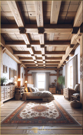 Decorare rustică pentru dormitor, cu o notă de meșteșugar, cu grinzi de poliuretan calde și confortabile Stilul rustic în decorarea dormitorului este considerat un simbol al naturaleței și al confortului Dormitorul din imagine arată cum reflectă cu succes o atmosferă rustică, cu ajutorul grinzilor din poliuretan, în timp ce grinzile din poliuretan au aspectul din lemn natural, acestea oferă avantaje moderne precum durabilitatea și ușurința de întreținere Aceste grinzi Este un detaliu important care împodobește tavanul și întărește estetica rustică generală a camerei Aceste grinzi, care se extind de-a lungul tavanului din dormitor imagine, creați o senzație naturală și lucrată manual și crește căldura și caracterul camerei Detalii de design Tonurile naturale folosite în designul dormitorului ajută spațiul să capete o atmosferă liniștită și primitoare pe pereți și mobilier respectul pentru arta meșteșugurii Un pat mare și confortabil a fost stabilit ca punct central al camerei, iar mobilierul din jurul acestuia nu numai că a oferit spațiu de depozitare și funcționalitate, ci a servit și un rol decorativ completează textura de lemn a podelei, adăugând căldura și integritatea estetică a încăperii. Mesele laterale, împreună cu lămpile și alte accesorii, prezintă stilul rustic cu o abordare modernă și utilă Plantele pe pervaz și coșurile folosite în alte colțuri a încăperii mărește vivacitatea spațiului prin adăugarea de accente naturale.