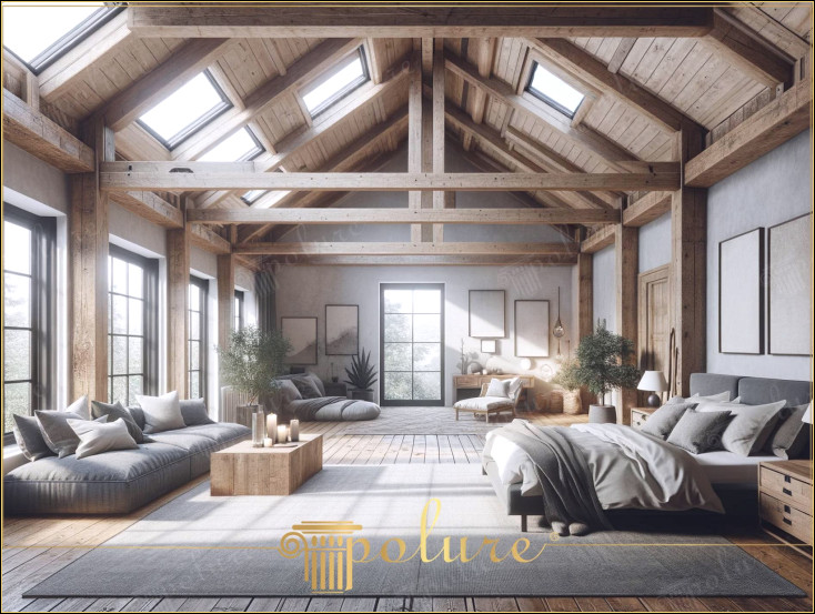 Decor de dormitor mare și rustic, proiectat cu grinzi de poliuretan luminoase și liniștite În timp ce naturalețea și liniștea stilului rustic se manifestă în spații mari, acesta capătă și o notă modernă prin folosirea grinzilor din poliuretan Dormitorul din imagine atrage atenția ca un spațiu de locuit luminos și spațios care afișează armonia unică a acestor două . Eleganță rustică în spații mari Grinzile din poliuretan adaugă o vizibilitate estetică în încăperile mari și cu tavan înalt De asemenea, creează o atmosferă naturală Dormitorul din imagine îmbină această notă rustică cu o gamă modernă cu ferestrele mari care ies în evidență și pereții. Materialul din poliuretan imită căldura și estetica lemnului, oferind în același timp avantaje precum durabilitatea pe termen lung și ușurința de întreținere. Design și decorare Detalii pe podea și mobilierul creează un efect atrăgător prin contrast cu fasciculele de lumină ale tavanului. Zonele de relaxare confortabile și primitoare sporesc funcționalitatea camerei, în timp ce zona de pat evocă iluminarea și selecția de accesorii ale camerei sunt moi și calde. Întărește sentimentul prietenos și primitor de stil rustic, oferind accesorii simple, dar elegante, echilibrează atingerile rustice cu o estetică modernă și minimalistă naturalețe și vioiciune.