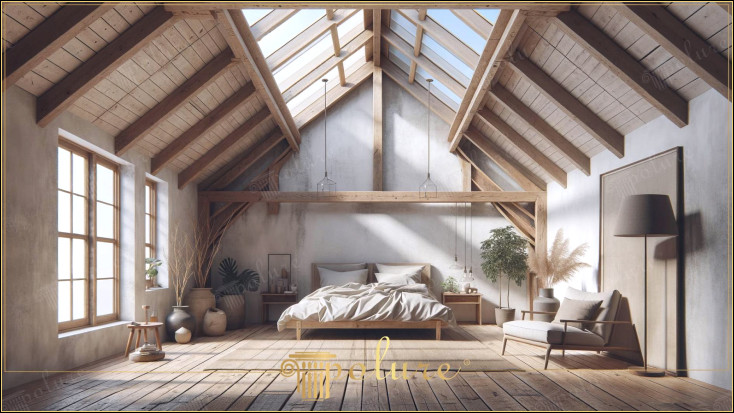 Dansul luminii naturale Dormitor rustic modern îmbogățit cu grinzi din poliuretan Dormitorul din imagine oferă un exemplu viu al modului în care utilizarea grinzilor din poliuretan, buștenii și căpriorii poate combina decorul rustic și designul modern într-o armonie perfectă Lemnul. Reflecția modernă a designului rustic Designul rustic modern îmbină căldura materialelor naturale cu o estetică contemporană în vizual adaugă o eleganță rustică, imitând textura lemnului real. Un spațiu luminos și spațios între tavan și podea subliniază lățimea încăperii, creând o atmosferă deschisă și aerisită Grinzile din poliuretan adaugă o notă naturală acestei zone luminoase și susțin linia modernă și minimalistă a camerei paleta creează în vizual tematica rustică modernă a dormitorului În timp ce liniile simple folosite la capul și latura patului sporesc senzația de pace și liniște, plantele în ghivece și vazele din ceramică plasate în alte colțuri ale camerei adaugă viață. spațiu cu atingerile lor naturale.