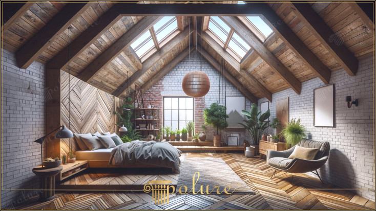 Decorare dormitor mansardă cu grinzi din poliuretan cu design rustic Dormitorul din imagine prezintă o combinație izbitoare de stil industrial cu un decor rustic, folosind bușteni și căpriori din grinzi de poliuretan. Combinație armonioasă de stil rustic și industrial În acest dormitor, grinzile din poliuretan sunt combinate cu lemn O atmosferă rustică caldă este creată prin folosirea texturii împreună cu suprafețele din cărămidă și beton. Structura de plan a camerei Ferestrele lucarnei de la mansardă permit să pătrundă multă lumină naturală, făcând spațiul spațios și luminos Pardoseala din lemn așezată în diferite modele, ale cărei linii atrag atenția în designul dormitorului. Dinamismul și diversitatea estetică a spațiului Platforma patului creează un punct focal cu un design de pat simplu și modern. Plantele verzi plasate aduc natura în interior, creând o senzație de liniște și relaxare Atingerea modernă a decorului rustic completează designul general al camerei.