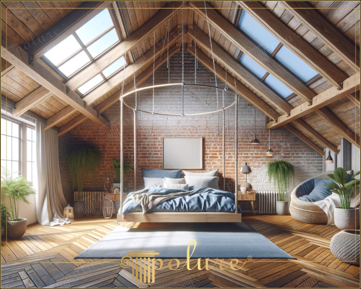 Dormitor City Loft îmbogățit cu grinzi de poliuretan rustic și contemporan Dormitorul din imagine combină textura contemporană a mansardei orașului cu căldura stilului rustic, cu un decor îmbogățit cu grinzi din poliuretan, bușteni și căpriori. Acest spațiu în plan deschis oferă un spațiu de locuit spațios, cu tavane înalte și ferestre mari cu multă lumină naturală Atingeri rustice în spațiile de locuit din mansardă Cărămidă expusă în designul acestui dormitor În timp ce pereții și grinzile din lemn expuse se combină cu elementele caracteristice vieții moderne de oraș, utilizarea grinzilor din poliuretan completează aceste elemente cu caracter practic și eleganță estetică. Grinzile din poliuretan, care imită textura lemnului real, adaugă căldură și caracter spațiului, oferind în același timp avantaje precum ușurința de întreținere și longevitate Puterea luminii naturale În designul dormitorului, ferestrele luminatoarelor Lumina naturală care curge umple spațiul cu o luminozitate naturală. Această lumină accentuează paleta de culori deschise și materialele naturale utilizate în întreaga cameră, contribuind la un spațiu spațios și aerisit iar mobilierul primitor face camera utila Naturalitatea si confortul spatiului este evidentiata cu plante verzi si elemente din tesut moale.