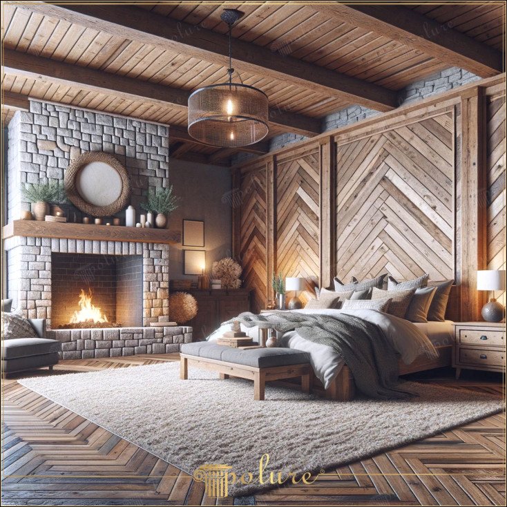 Confort modern cu căldură rustică Dormitor cu șemineu dotat cu grinzi din poliuretan Dormitorul din imagine oferă o interpretare modernă a decorului rustic, îmbogățit cu grinzi de poliuretan, bușteni și căpriori și completat cu un șemineu, armonia elementelor de design rustic și confortul modern creează un mediu liniștit în Design rustic Inima designului rustic constă în materialele naturale și materialele poliuretanice, în timp ce îl prezintă cu aspectul și textura lemnului real, oferă, de asemenea, avantajele de durabilitate și de întreținere ușoară în dormitor imaginea, grinzile din poliuretan și căpriorii care decorează tavanul și pereții adaugă adâncimea spațiului, în timp ce șemineul proeminent întărește atmosfera rustică Căldura vizuală și emoțională Aceasta devine centrul camerei și oferă o atmosferă relaxantă, mai ales în nopțile reci. Elementele decorative și accesoriile din jurul șemineului reflectă această căldură și eleganță Așternutul și mobilierul folosit în dormitor Confort și eleganță Patul și pernele confortabile oferă plăcere vizuală, precum și un somn de calitate