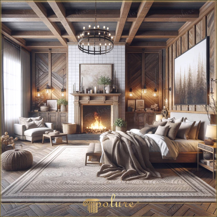 O notă rustică în inima casei tale Decorare dormitor cu șemineu decorat cu grinzi din poliuretan Dormitorul din imagine oferă un decor rustic cu un șemineu decorat cu grinzi din poliuretan, busteni și căpriori. Designul camerei îmbină stilul rustic tradițional cu confortul modern, adăugând o notă caldă și primitoare inimii casei Confort modern Flexibilitatea și durabilitatea oferite de materialul din poliuretan aduce liniile naturale și clasice ale designului rustic în spațiile de locuit moderne. Șemineul din centrul dormitorului formează centrul acestei atmosfere rustice, în timp ce mobilierul confortabil și accesoriile elegante reflectă Efectul Fascinant al Semineului este cel mai mult trăsătură izbitoare a locului, înconjurat de detalii de piatră și cărămidă, în timp ce șemineul înconjurat de detalii de piatră și cărămidă întărește tema rustică a încăperii, în timp ce lumina pâlpâitoare a flăcărilor face ca camera să capete o ambianță romantică pe timp de noapte în Detalii Fiecare detaliu, de la elementele de iluminat folosite în dormitor până la produsele textile, a fost atent selectat Fiecare element, de la covor până la perdele și cuvertură de pat, este rustic și creează o integritate decorativă în care elementele moderne se îmbină. armonie.