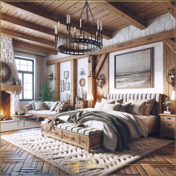 Îmbinând eleganța clasică cu accente rustice Dormitor elegant decorat cu grinzi din poliuretan Dormitorul din imagine oferă un decor atemporal prin combinarea texturii rustice a buștenilor din grinzi de poliuretan și a căpriorii cu eleganța mobilierului clasic. În această cameră, căldura materialelor naturale și confortul mobilierului confortabil creează un adăpost liniștit cu Rustic Touches Designul acestui dormitor este cu textura din lemn a grinzilor și a căpriorilor din poliuretan. Îmbină cu măiestrie eleganța designurilor de mobilier clasice, reflectă căldura și aspectul rustic al lemnului real. spații moderne de locuit. Grinzile de pe tavan și pereți adaugă profunzime și caracter spațiului, în timp ce mobilierul adunat în jurul șemineului central întărește atmosfera intimă a camerei. Semineul umple încăperea În timp ce combinația de piatră și lemn subliniază textura rustică a șemineului, covoarele și pernele bogat texturate din alte părți ale camerei oferă confort și eleganță Elemente de iluminat completează designul general al camerei a fost atent selectat pentru a oferi integritate estetică spațiului.