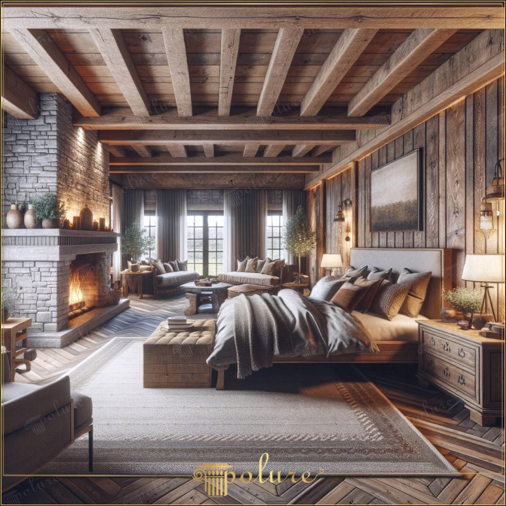 Combinând valoarea rustică cu designul modern de dormitor confortabil cu grinzi din poliuretan Dormitorul din imagine îmbină un concept de decor rustic în formă de grinzi, bușteni și căpriori din poliuretan, cu confort și design modern Confort modern. Designul camerei include grinzi din poliuretan și căpriori pe tavan și sunt folosite pe pereți pentru a crea un spațiu cu o textura rustică bogată precum durabilitatea și întreținerea redusă Paleta de culori calde și materialele naturale care înconjoară camera aduc căldura și naturalețea stilului rustic într-un spațiu de locuit modern. Căldura fermecătoare a șemineului, care este punctul central al încăperii. servește ca punct de întâlnire cald în nopțile reci, în timp ce furnirul de piatră și raftul din lemn întăresc estetica rustică, grupurile de scaune confortabile de lângă șemineu și lucrările decorative adaugă o notă elegantă în fiecare colț a dormitorului pune confortul și estetica în prim plan Un pat confortabil, o mulțime de perne și covoare cu textura moale sporesc plăcerea timpului petrecut în cameră. Designul general de iluminat al camerei subliniază căldura stilului rustic lămpile de citit și lămpile de masă oferă o lumină mai concentrată.