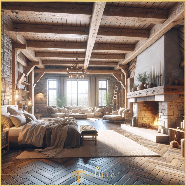 Confort modern într-un aer rustic, întâlniți eleganța grinzilor din poliuretan Dormitorul din imagine combină textura rustică a buștenilor și a căpriorilor din poliuretan cu confortul spațiilor de locuit contemporane. În această cameră, elementele de design rustic tradițional sunt reinterpretate cu accente moderne și materiale de înaltă calitate pentru a crea o atmosferă liniștită și Modern Meet Designul general al camerei îmbină elemente rustice clasice într-un cadru contemporan În timp ce grinzile și căpriorii din poliuretan care împodobesc tavanul reflectă textura și căldura lemnului real cu un material modern, ferestrele mari ale camerei invită lumina naturală. Face spațiul mare și aerisit și dezvăluie frumusețea luminii naturale Un mediu confortabil în centrul dormitorului este unul dintre cele mai importante elemente de decorare creează un punct focal natural care mărește căldura camerei, zonele confortabile de ședere și textilele cu textura moale plasate în jurul acesteia fac spațiul și mai primitor. Selecția de mobilier și accesorii din dormitor a fost atentă considerat atât din punct de vedere al confortului, cât și al esteticii Confortabil Un pat cu o mulțime de perne și elemente de iluminat elegante oferă tot confortul necesar, în timp ce lucrările de artă și obiectele decorative de pe pereți întăresc caracterul camerei.