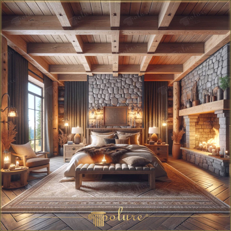 Căldura grinzilor de poliuretan într-un dormitor îmbogățit cu atingeri rustice Dormitorul din imagine oferă căldura și confortul unui decor rustic îmbogățit cu grinzi, bușteni și căpriori din poliuretan. Acest design creează un mediu atrăgător, combinând textura materialelor naturale și caracteristicile unui spațiu de locuit confortabil Dormitorul rustic. În acest dormitor, grinzile și căpriorii din material poliuretan combină aspectul rustic al lemnului real Frumusețea estetică a materialelor naturale Camera primește multă lumină naturală datorită ferestrelor mari, care întărește atmosfera generală luminoasă și liniștită a locului. Semineul crește căldura dormitorului a flăcărilor creează o ambianță relaxantă în cameră. Lumânările și accesoriile decorative din jurul șemineului subliniază și mai mult această căldură și adaugă o atmosferă romantică Întâlnirea Confortului și Eleganței. Mobilierul și accesoriile din dormitor au fost atent selectate atât confort cât și estetic Un pat confortabil este din belșug În timp ce pernele și textilele cu textura moale sporesc plăcerea timpului petrecut în cameră, lucrările de artă și plantele care completează decorul general al camerei adaugă viață și naturalețe spațiului.