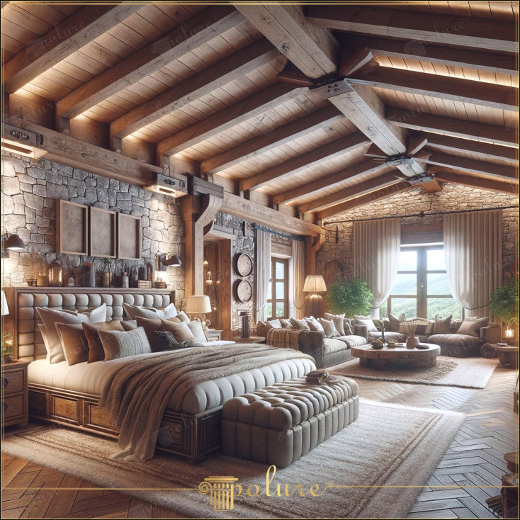 Dormitor cabană rustic de lux în stil alpin cu grinzi din poliuretan Dormitorul din imagine combină estetica alpină rustică oferită de buștenii și căpriorii din poliuretan cu confortul modern. În această cameră, materialele de calitate și texturile bogate creează un adăpost cald și primitor Întâlnirea esteticii alpine și a confortului modern Dormitorul îmbină rusticitatea alpină clasică cu elementele luxoase și moderne Poliuretan În timp ce grinzile și căpriorii din material reflectă textura și aspectul cald și natural al lemnului, acesta aduce cu sine și durabilitatea și întreținerea redusă necesare încăperii moderne creează o senzație de spațios și aerisit, permițând să pătrundă multă lumină naturală datorită ferestrelor mari și tavanelor înalte. Un mediu cald cu șemineul. Semineul din piatră din cameră servește ca punct central care crește căldura și intimitatea camerei. în serile reci, zonele de relaxare confortabile și covoarele cu textura moale din jurul șemineului sporesc și mai mult această căldură și adaugă o eleganță rustică. Luxul și confortul sunt în fiecare colț oferind în același timp confort, în timp ce paturile largi și înalte, pernele abundente și textilele cu textura moale sporesc plăcerea timpului petrecut în cameră, designul general al camerei este decorat cu materiale naturale.