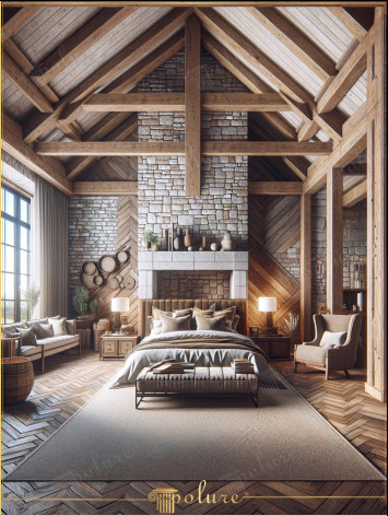 Decorare dormitor magnifica cu grinzi din poliuretan cu farmec rustic Dormitorul din imagine combină cu pricepere estetica rustică a modelelor de grinzi de poliuretan, bușteni și căpriori cu confortul designului modern. Acest loc creează o atmosferă prietenoasă, îmbinând căldura și eleganța materialelor naturale cu un stil de viață contemporan Designul dormitorului îmbină perfect o atmosferă rustică naturală cu grinzi și căpriori din material poliuretanic În timp ce materialele poliuretanice cu aspect de lemn reflectă textura și căldura lemnului real, ele îndeplinesc, de asemenea, nevoile practice ale spațiilor de locuit moderne, cum ar fi durabilitatea și. Întreținere redusă Tavanele înalte ale camerei și ferestrele mari subliniază spațiul și luminozitatea spațiului, permițând luminii naturale să circule în mod liber șemineul din furnir de piatră oferă o căldură naturală și un punct focal spațiului, mobilierul cu textura moale și accesoriile decorative din jurul camerei susțin această căldură și întăresc atmosfera primitoare a camerei. Luxul și confortul sunt în fiecare colț dormitorul accentuează confortul și eleganța patul confortabil, zonele de relaxare mari și primitoare și covoarele cu textura moale sporesc plăcerea timpului petrecut în cameră, în timp ce designul de iluminat general al camerei subliniază căldura stilului rustic, lămpile și lămpile. pe măsuța laterală oferă o iluminare mai concentrată.