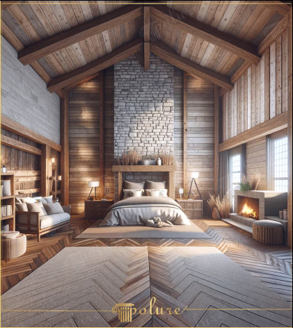 Locul în care căldura și naturalețea se întâlnesc cu grinda și detaliile din bușteni din poliuretan rustic Dormitorul din această imagine combină căldura și naturalețea designului rustic cu inovația modernă. Grinzile din poliuretan și detaliile din bușteni adaugă camerei o senzație de cabană tradițională, în timp ce căpriorii îmbunătățesc estetica tavanelor înalte, tonuri naturale și piatră. Șemineul îmbrăcat creează un refugiu liniștit Modelele din lemn de esență tare pe podea și în întreaga cameră. Alegerile de țesături utilizate întăresc atmosfera caldă și primitoare a decorului rustic și spații de locuit confortabile.