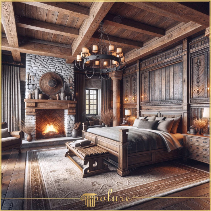 Arta de a cazare îmbogățită cu grinzi de poliuretan cu farmec rustic Dormitorul din imagine creează un mediu atrăgător, îmbinând căldura și naturalețea decorului rustic cu confortul contemporan Grinzile de poliuretan care împodobesc tavanul întăresc caracterul autentic al spațiului, în timp ce aspectul masiv de bușteni și căpriori subliniază tema rustică. Șemineul din piatră din centru adaugă spațiului de farmec vechi și oferă căldura perfectă pentru nopțile reci Mobilierul din lemn de culoare închisă și țesăturile bogat texturate reprezintă lux și confort în această evadare rustică. Fiecare detaliu oferă vizitatorilor un design care oferă atât o notă istorică, cât și confortul vieții moderne
