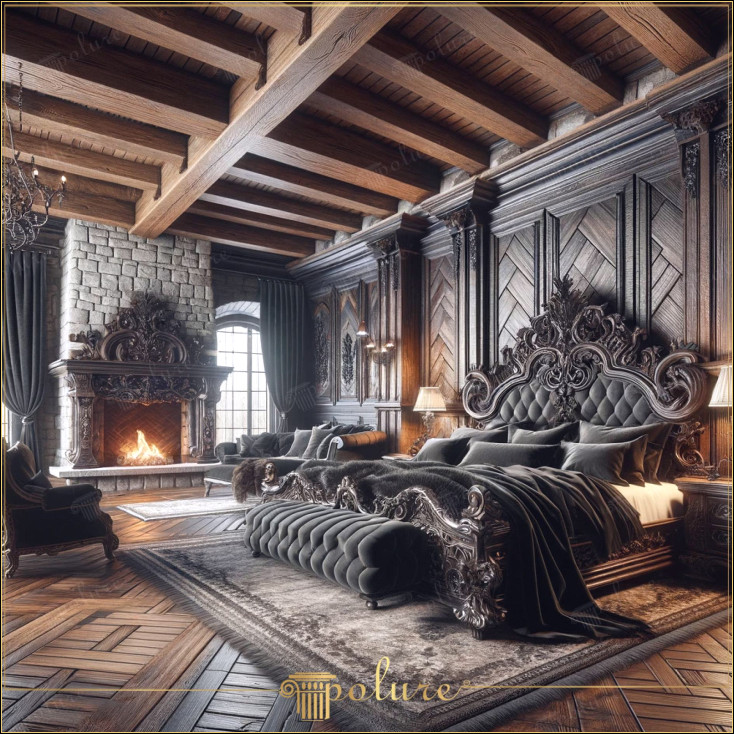 Dormitor rustic Magnifice atemporal decorat cu grinzi din lemn poliuretan Acest dormitor afișează măreția atemporală a stilului rustic clasic, cu căldura grinzilor din lemn de poliuretan și tușele elegante ale produselor decorative din lemn. Patul magnific din centrul camerei atrage atenția prin sculpturile sale elegante și tăblia ornamentată simbol al luxului și al confortului Detaliile panourilor din lemn de pe pereți transmit opulența unui conac istoric În timp ce flăcările șemineului sporesc căldura încăperii, draperiile grele și mobilierul de epocă completează eleganța acestei evadari rustice nobile armonia texturilor tradiționale și materialele moderne sunt elementele care fac acest design atât estetic, cât și practic.