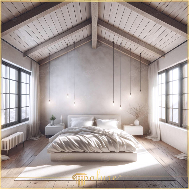 Un dormitor luminos și liniștit, cu grinzi de lemn din poliuretan rustic minimalist Acest dormitor reflectă frumusețea simplă și funcționalitatea stilului rustic minimalist în perfectă armonie cu grinzile din lemn din poliuretan. Paleta de culori deschise și spațiul plin de lumină naturală oferă o atmosferă liniștită pentru cei care îmbrățișează stil de viață în care simplitatea și naturalețea sunt în prim plan Liniile curate și calmul camerei În timp ce culorile sale oferă o evadare din ritmul intens al vieții moderne, creează un echilibru estetic cu lămpi suspendate și atingeri blânde avantajele poliuretanului și căldura texturii tradiționale a lemnului.