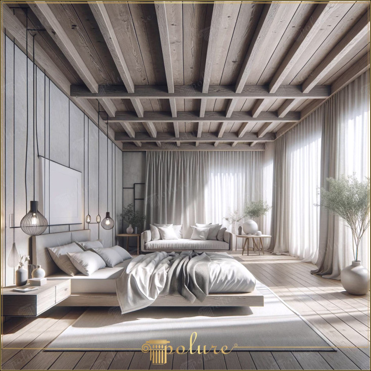 Dansul luminii naturale cu design de dormitor rustic modern din lemn Acest dormitor pictează un portret liniștit al designului rustic modern, folosind durabilitatea grinzilor din lemn natural și a poliuretanului. Fiecare colț al camerei se simte spațios, cu multă lumină naturală și lumină naturală care se filtrează prin ferestre mari, echilibrate cu aspectul minimalist al dormitorului liniile simple creează o atmosferă liniștită, în timp ce pardoseala din lemn și textura de pe pereți aduce căldura naturii în interior simplitate pentru cei care vor să scape de haosul vieții orașului