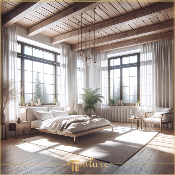 Sinteza Luminii si linistii Dormitor rustic cu grinzi din lemn poliuretan Acest dormitor aduce liniștea naturii în interior cu lumina soarelui care se filtrează prin ferestrele mari și căldura grinzilor din lemn din poliuretan. Decorul minimalist al camerei subliniază simplitatea materialelor naturale cu mobilier elegant și culori moi -grinzile colorate adaugă spațiu spațiului, în timp ce liniile curate și decorul natural sunt elementele de bază ale decorului rustic modern creează un spațiu de locuit liniștit Practicitatea poliuretanului și estetica naturală a lemnului se întâlnesc în acest dormitor, oferind un adăpost ideal. pentru a scăpa de stresul vieții de zi cu zi.