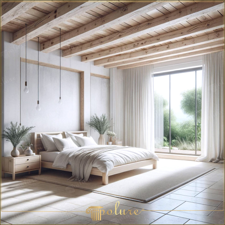 Peace Meets Architecture Dormitor rustic luminos cu grinzi din lemn poliuretan Acest dormitor oferă armonia perfectă a păcii și liniștii cu grinzile din lemn din poliuretan și abundența de lumină naturală o senzație de spațiu larg și deschis și aduce vivacitatea naturii în interior În timp ce abordarea minimalistă susține atmosfera spațioasă și primitoare a camerei, decorul rustic modern evidențiază eleganța și funcționalitatea în această cameră, naturalețea esteticii rustice caracterul practic al poliuretanului oferă un echilibru ideal pentru spațiile de locuit contemporane.