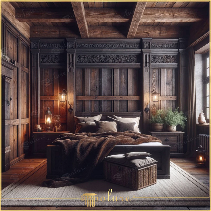 Un loc care spune povești din trecut Grinzi rustice din lemn și decor antic Acest dormitor prezintă un design rustic atemporal, îmbogățit cu grinzi din lemn de culoare închisă și elemente decorative de epocă Panourile detaliate de pe pereți sunt realizate cu experiență și spun o poveste bogată. Iluminarea delicată și textilele naturale completează atmosfera primitoare și relaxantă a spațiului. În această cameră, frumusețea rustică prinde viață în armonie cu nevoile vieții moderne.