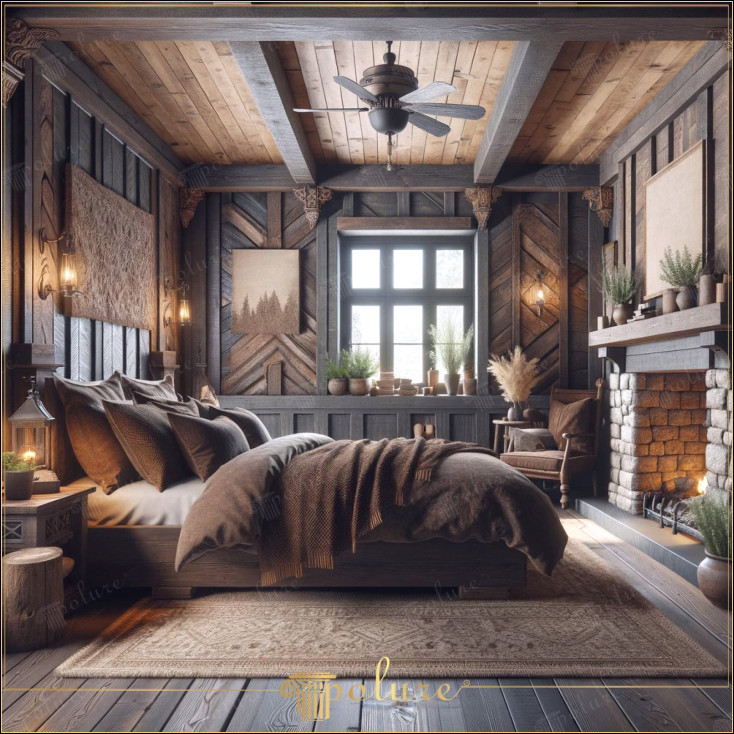 Întâlnește atingeri rustice cu un dormitor cu grinzi de lemn din poliuretan și confort modern În acest dormitor, textura rustică a grinzilor din poliuretan și tonurile maro bogate creează o atmosferă caldă Designul camerei oferă o evadare liniștită, combinând frumusețea materialelor naturale cu confortul modern arta țeserii nopturii și caracterul robust al șemineului din piatră. Fiecare colț al camerei este echilibrat, cu iluminare amplasată și selecții de accesorii atent, acest dormitor servește ca un refugiu estetic și funcțional pentru cei care doresc să stea departe de agitație. și agitația vieții de zi cu zi.