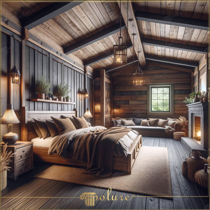 Adăpost din lemn rustic Atinge naturale în casa ta modernă Acest dormitor combină tonurile profunde și bogate ale lemnului cu grinzile din poliuretan, aducând căldura și confortul designului rustic într-un mediu de casă contemporan. Lambriurile din lemn de culoare închisă și iluminatul slab creează o senzație de cabană în cameră, în timp ce ferestrele mari invită priveliștile naturii. a camerei este decorată cu materiale naturale și mobilier atent selectat. Acesta creează o atmosferă liniștită, cu candelabrele impresionante și iluminatul în stil lampă cu gaz, îmbină spiritul trecutului cu confortul modern o evadare rustică, atât vizuală, cât și emoțională.