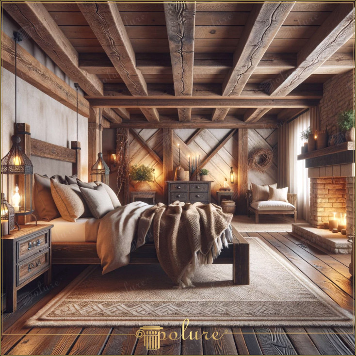 Un dormitor rustic și călduros, îmbogățit cu grinzi din poliuretan Acest dormitor rustic îmbină farmecul lumii vechi cu elemente de design modern pentru a crea o casă confortabilă Meșteșugul și adaugă caracter spațiului Țesăturile moi și produsele decorative realizate manual subliniază căldura naturală a camerei, în timp ce focul strălucitor din camera alăturată adaugă o atmosferă romantică, texturile rustice și materialele bogate creează mediul perfect pentru relaxare la sfârşitul fiecărei zile