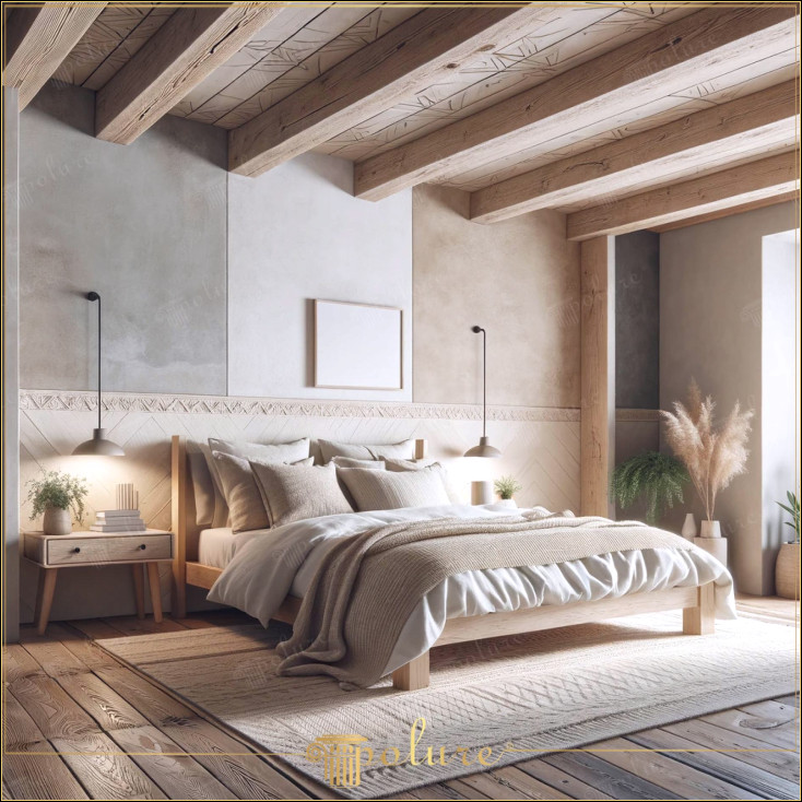 Dormitor cu grinzi din lemn de poliuretan Pace cu atingeri naturale Acest dormitor combină frumusețea naturală și aspectul rustic al grinzilor din lemn din poliuretan cu estetica simplă a designului modern, pereții de culoare deschisă și liniile elegante fac ca camera să se simtă spațioasă și ușoară, în timp ce grinzile și podeaua din lemn fac spațiul cald și primitor iar plantele de pe peretele lateral aduc liniștea naturii în interior, în timp ce senzația generală a camerei Designul său oferă un spațiu în care viața simplă și naturalețea îmbrățișează fiecare detaliu a fost gândit și conceput pentru cei care caută confort și liniște.