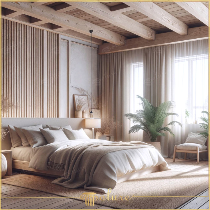 Lejeritatea grinzilor de lemn pentru un dormitor luminos și rustic Acest dormitor oferă o interpretare modernă și luminoasă a designului rustic, folosind grinzi din lemn de culoare deschisă și texturi naturale Grinzile, care combină caracterul practic al poliuretanului cu căldura lemnului, conferă încăperii un caracter unic, în timp ce multă lumină naturală contribuie la. senzația de spațiu fiind mare și spațioasă, împodobită cu linii asimetrice și culori calme pe pereți. agitația vieții de zi cu zi.