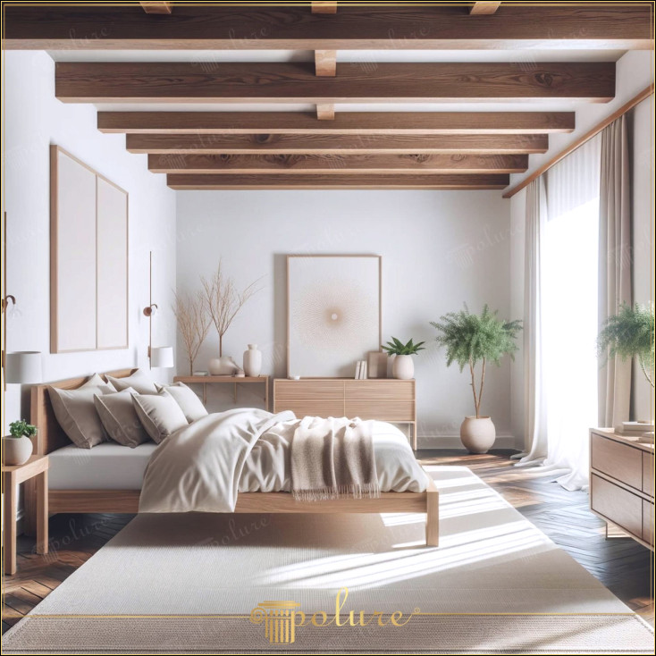 Atingere caldă de lemn, dormitor minimalist îmbogățit cu grinzi din poliuretan Acest dormitor îmbină o atmosferă caldă și liniștea designului minimalist într-o armonie perfectă cu grinzile din lemn de poliuretan și pereții de culoare deschisă și tonurile naturale de lemn adaugă o atmosferă calmă și primitoare, în timp ce aspectul general al camerei reflectă simplitatea modernului. Grinzile din poliuretan aduc in mod practic frumusetea estetica a lemnului adevarat Plantele si elementele decorative in culori neutre completeaza senzatia naturala si relaxanta a spatiului după o zi încărcată.