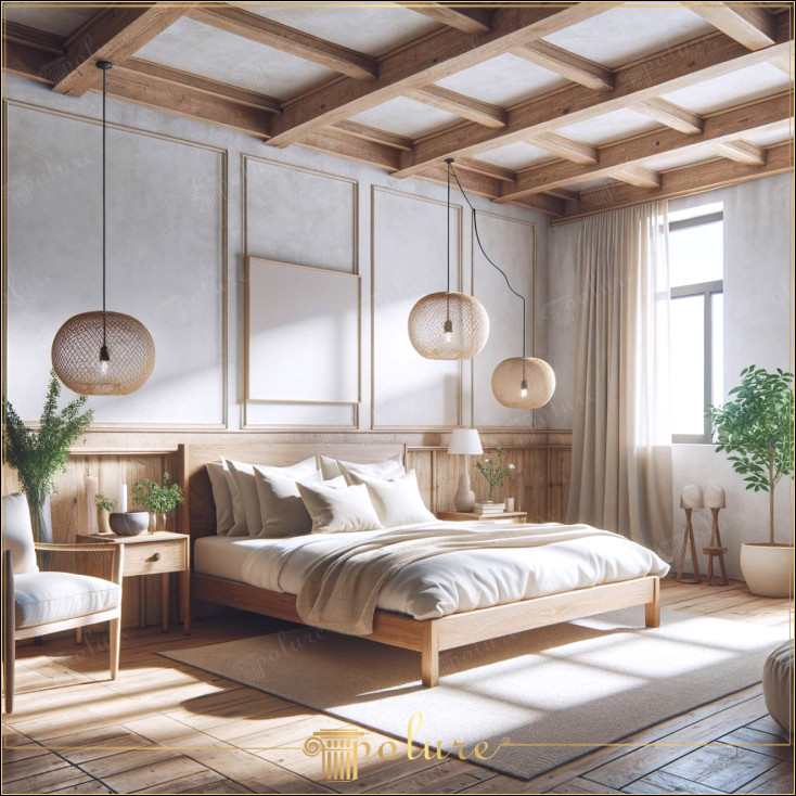 Design modern de dormitor rustic, îmbogățit cu grinzi din lemn natural Designul rustic modern pentru dormitor este abordarea perfectă pentru a aduce căldura naturii în casa dvs. Textura atrăgătoare a grinzilor din lemn recreate cu modele din poliuretan adaugă liniște și naturalețe spațiului, echilibrat cu pereți albi și tonuri de culoare. Camera oferă o combinație elegantă de elemente contemporane și clasice. Materialele naturale folosite și în timp ce plantele aduc prospețime și viață dormitorului, elementele de iluminare atent selectate oferă o ambianță caldă spațiului dvs. de locuit prin păstrarea frumusețea naturală a lemnului de mulți ani cu durabilitatea și instalarea ușoară.
