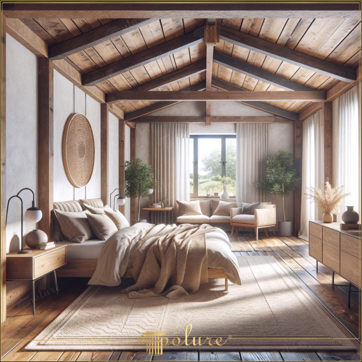 Urme de natură Artă de decor rustic îmbogățită cu grinzi din lemn poliuretan Reflectând căldura lemnului și spiritul naturii, decorul rustic creează o sinteză perfectă a elementelor de design moderne și tradiționale, mai ales atunci când sunt combinate cu grinzi din lemn din poliuretan tavanul întărește estetica naturală și caracterul arhitectural al spațiului, fiind, de asemenea, ușor. Oferă o soluție practică cu structura sa durabilă, în timp ce detaliile din vizual sunt îmbogățite cu combinația moale de materiale naturale și accesorii organice plantele și covoarele țesute însuflețesc spațiul Acest design de dormitor creează un spațiu de locuit simplu și sofisticat, combinând elementele rustice și contemporane.