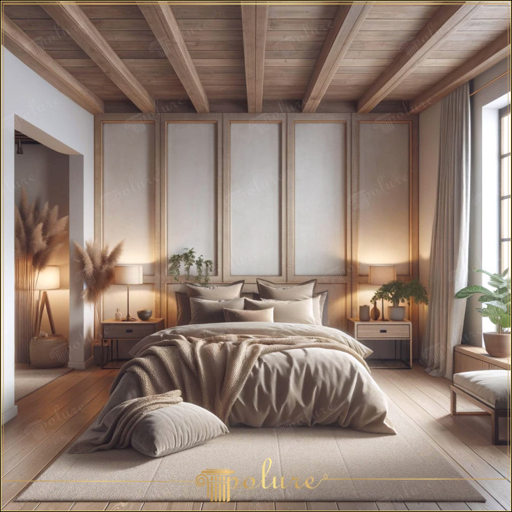 Decoratiune de dormitor moderna, eleganta rustica, realizata cu grinzi din lemn poliuretan Dormitorul nostru ar trebui să fie un adăpost personal în care să putem scăpa de stresul vieții cotidiene și să găsim liniște și confort Dormitorul din imagine răspunde perfect acestei nevoi îmbinând căldura și sinceritatea decorului rustic cu elementele de design modern textura si bogatia vizuala a grinzilor din lemn de poliuretan adauga caracter si profunzime tavanului incaperii Aceste grinzi In timp ce reflecta atractivitatea estetica a lemnului real, beneficiaza si de avantajele de durabilitate si lejeritate oferite de poliuretan cu culori moi, materiale naturale și atingeri vegetale, creează o atmosferă calmă Mobilierul și accesoriile selectate în armonie sub grinzile din lemn sporesc funcționalitatea camerei și asigură o întreținere ușoară și o durată lungă de viață a materialului fel de soluții decorative și mai atractive