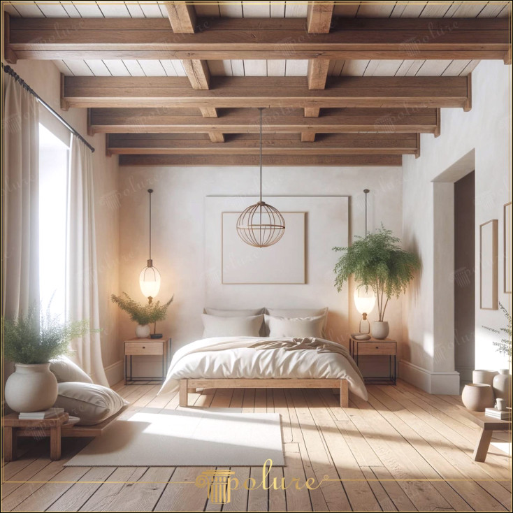 Decoratiuni rustice moderne de dormitor cu grinzi din lemn poliuretan Dormitorul din această imagine combină căldura grinzilor din poliuretan și eleganța produselor decorative din lemn cu o estetică rustică modernă. Materialele din poliuretan care reflectă textura și aspectul lemnului natural au fost folosite în design de înaltă calitate și durabilitate, și se remarcă, de asemenea, prin ușurința de instalare și utilizarea de lungă durată Atmosfera luminoasă și liniștită a încăperii este îmbogățită de lumină naturală și, împreună cu pereții albi, crește senzația de spațioasă a camerei. Adăugarea de grinzi din poliuretan conferă încăperii o senzație rustică autentică. Acest dormitor oferă confort și stil împreună. armonie unică a elementelor de design atât moderne, cât și clasice.