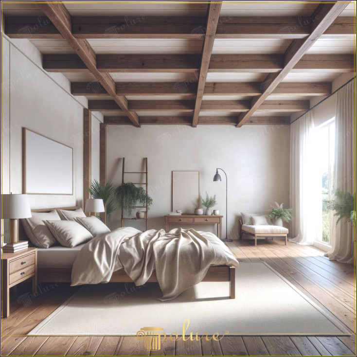 Design de dormitor rustic dotat cu eleganta grinzilor din lemn poliuretan Dormitorul din această poză îmbină căldura și eleganța grinzilor din lemn realizate din material poliuretan cu o abordare contemporană de decorare rustică Estetica lemnului real, se remarcă, de asemenea, prin ușurința și caracteristicile de asamblare ușoare spațiu, creând în același timp o senzație de căldură și naturalețe. Tonurile neutre utilizate în cameră permit luminii naturale să ilumineze spațiul și lumina naturală să se filtreze prin ferestrele mari Utilizarea grinzilor din poliuretan adaugă o notă rustică tradițională acestui dormitor modern, creând un echilibru perfect între elementele istorice și contemporane