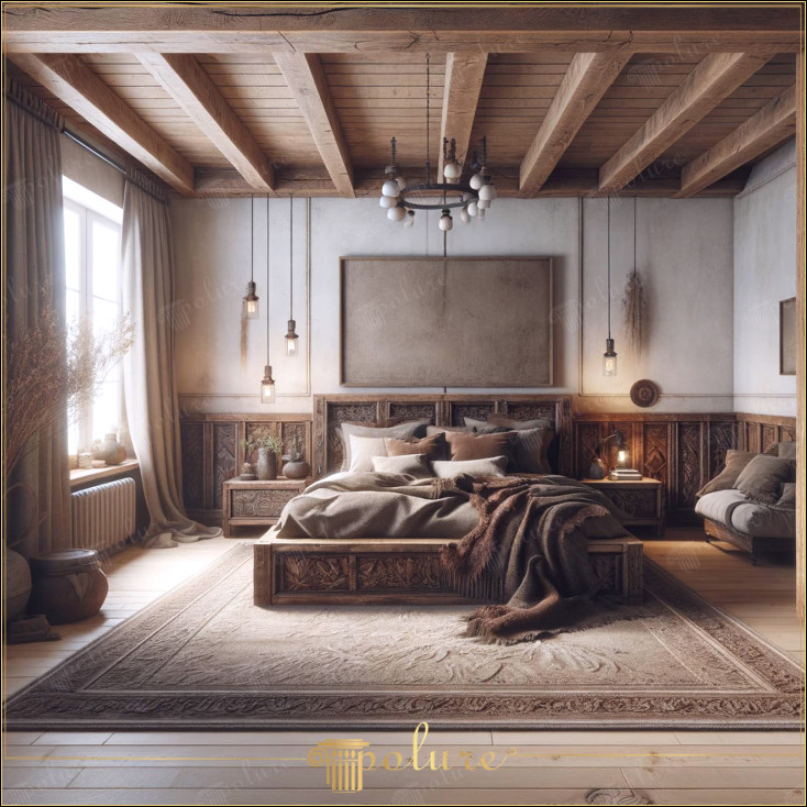 Secrete de decorare rustică care îți transformă casa într-un castel cald Decorul rustic este una dintre cele mai eficiente modalități de a aduce căldura materialelor naturale și textura bogată a istoriei în spațiile de locuit Acest dormitor creează o lume rustică cu grinzi din poliuretan și produse decorative din lemn sculptat pe podea Aduce frumusețea naturii în interior Tablourile mari de culoare neutră pe pereți aduc liniștea artei. Își plasează efectul de transmisie în centrul camerei, în timp ce draperiile lungi de in oferă o atmosfera moale. Patul, care este punctul central al dormitorului, ofera un confort primitor cu husa de pilota eleganta si perne pufoase din material poliuretanic sporește menținerea și durabilitatea acestui decor rustic, fără a compromite efectul vizual al grinzilor din lemn real. Fiecare piesă de mobilier și obiect decorativ din cameră are detalii fine de măiestrie manuală