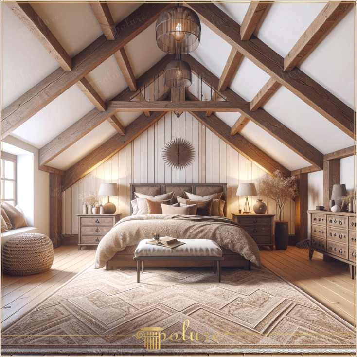 Rama din lemn eleganta design modern rustic pentru dormitor Căldura designului rustic capătă o nouă dimensiune, cu grinzi din lemn bogat texturate și detalii din poliuretan, în acest concept modern de dormitor. camera In centrul dormitorului, un pat solid din lemn masiv, un pat lucrat elegant Alte piese de mobilier din lemn precum noptiere si comode imbina functionalitatea si estetica Utilizarea materialului din poliuretan reprezinta interpretarea contemporana a stilului rustic din lemn Produse decorative cu modele și panouri de perete Elementele de iluminat folosite în cameră sunt modele moderne cu linii geometrice și lămpi rustice clasice, făcând din iluminat o artă pe podea și pe draperiile ferestrelor.