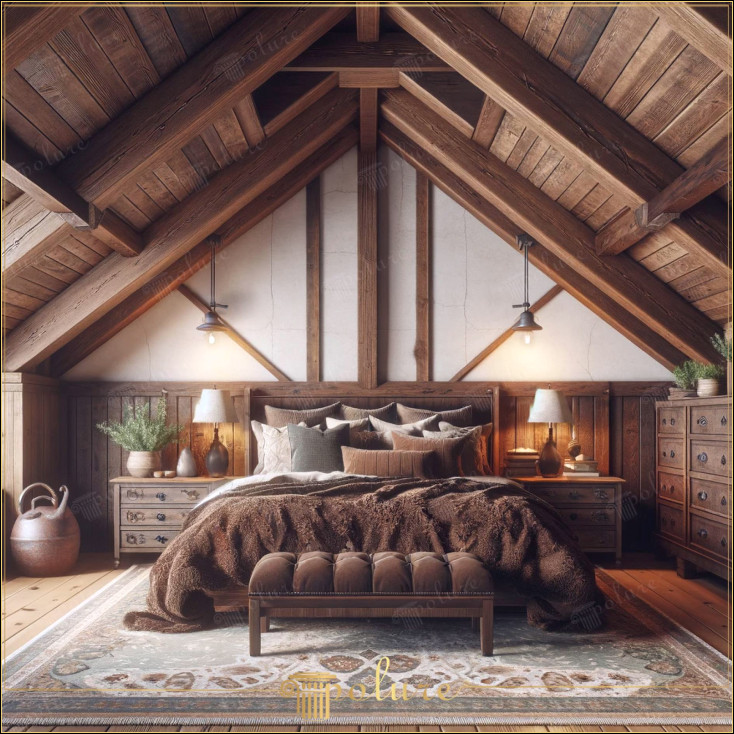 Craftsman Touch Rustic Loft Bedroom Inspirations Designurile dormitoarelor tip mansardă tind adesea să creeze o atmosferă prietenoasă și caldă, dar acest design special oferă armonia perfectă a măiestriei rustice și a confortului modern. Aranjarea atrăgătoare în diagonală a grinzilor din lemn dezvăluie frumusețea arhitecturală a tavanului, în timp ce utilizarea poliuretanului. detalii reinterpretează acest material tradițional Textura naturală a lemnului cu durabilitatea poliuretanului Combinând împreună, oferă atât o soluție estetică, cât și o soluție practică noptiere si sertarele laterale ofera spatiul de depozitare necesar intr-un mod stilat. Fiecare colt al camerei este completat cu piese decorative si iluminat atent, facand astfel incaperea sa se integreze in stilul de viata modern
