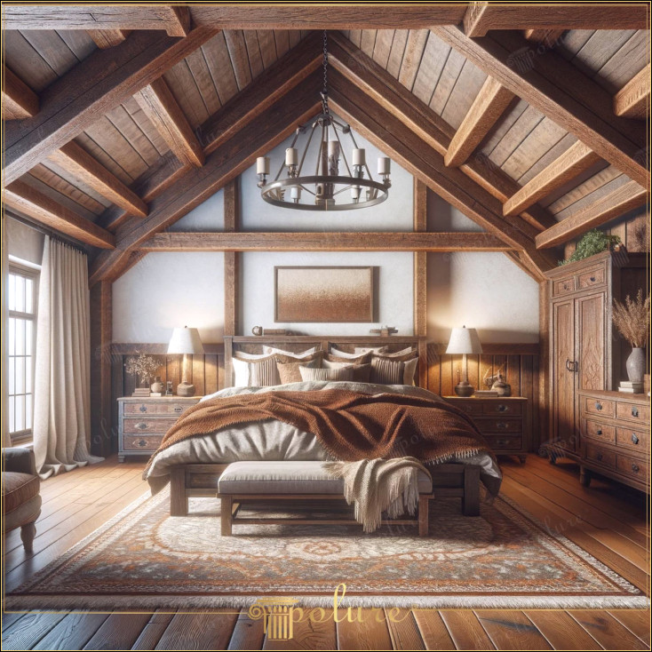 Căldura lumii vechi Arta decorațiunii rustice pentru dormitor Decorul rustic este o artă care aduce căldura texturii istorice și a materialelor naturale în spațiile de locuit contemporane. Acest dormitor prezintă perfect această artă cu combinația impresionantă de grinzi din lemn și elemente decorative din poliuretan , oferind spațiului caracterul unei ferme istorice Grinzile din lemn de culoare închisă care decorează camera adaugă profunzime și caracter. Modelele din poliuretan oferă o interpretare modernă a farmecului rustic. oferă confort și stil împreună. Noptiere, sertare și dulapuri poartă urmele meșteșugului din vechea lume. Opțiunile de iluminare completează designul general al camerei, creând în același timp o atmosferă tradițională și sustenabilitate