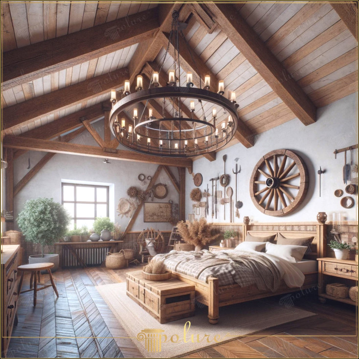Transformare într-o casă caldă cu grinzi și bușteni din poliuretan cu farmec rustic Decorul rustic este arta de a crea o atmosferă liniștită și primitoare în locuințe, aducând căldura materialelor naturale și estetica abilităților de măiestrie în spațiile interioare. În timp ce materialul din poliuretan imită textura și aspectul lemnului real, este, de asemenea, mai ușor și oferă o alternativă durabilă cele mai bune exemple de design rustic Grinzile din lemn și căpriorii din tavan adaugă un caracter bogat spațiului, în timp ce designul general al încăperii este un refugiu în care se îmbină naturalețea și confortul vechile unelte agricole agățate de perete ceasul și detaliile căpriorii de pe tăblie evocă spiritul unei ferme istorice. Punctele cheie ale acestui stil sunt de a găsi un echilibru perfect între funcționalitate și estetică sertare dedesubt. Oferă spațiu de depozitare. Noptiera rustică de lângă pat și biroul de pe peretele opus îmbină farmecul lumii vechi cu ușurința de utilizare modernă. Acest stil. creat cu grinzi si busteni din poliuretan, aduce natura in casa noastra si nu ignora nevoile vietii moderne Un stil ca aceasta poza Proiectarea unui spatiu este una dintre cele mai bune modalitati de a combina atingerile rustice cu confortul modern.