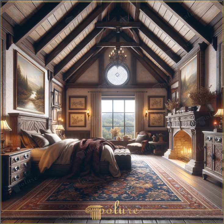 Minuni rustice pentru dormitor proiectate cu grinzi din poliuretan, armonie dintre clasic și confort Decorul rustic este un stil care reflectă frumusețea brută a naturii și farmecul arhitecturii clasice și capătă o transformare contemporană cu bușteni și căpriori din grinzi din poliuretan. Dormitorul din imagine este un exemplu care îmbină delicatețea și căldura acestui stil ușurința și funcționalitatea materialelor moderne se extinde de-a lungul tavanului și creează o arhitectură atrăgătoare În timp ce grinzile sporesc valoarea estetică a încăperii, ele oferă, de asemenea, ușurință de instalare și întreținere prin șemineul, care iese în evidență camera, se află în inima camerei ca sânul vital al atmosferei rustice și adaugă o căldură profundă spațiului, în timp ce lumina naturală care se filtrează prin ferestre face camera luminoasă și spațioasă, textura din lemn a covorului mare și cu model. podea Fiecare colț al dormitorului este plin de mobilier și accesorii cu aspect antic, opere de artă și abajururi elegante îmbină nota elegantă de odinioară cu confortul de astăzi să scapi de stresul vieții moderne și să te relaxezi într-un mediu liniștit